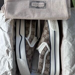 Gucci Beige and White Canvas Slip-Ons